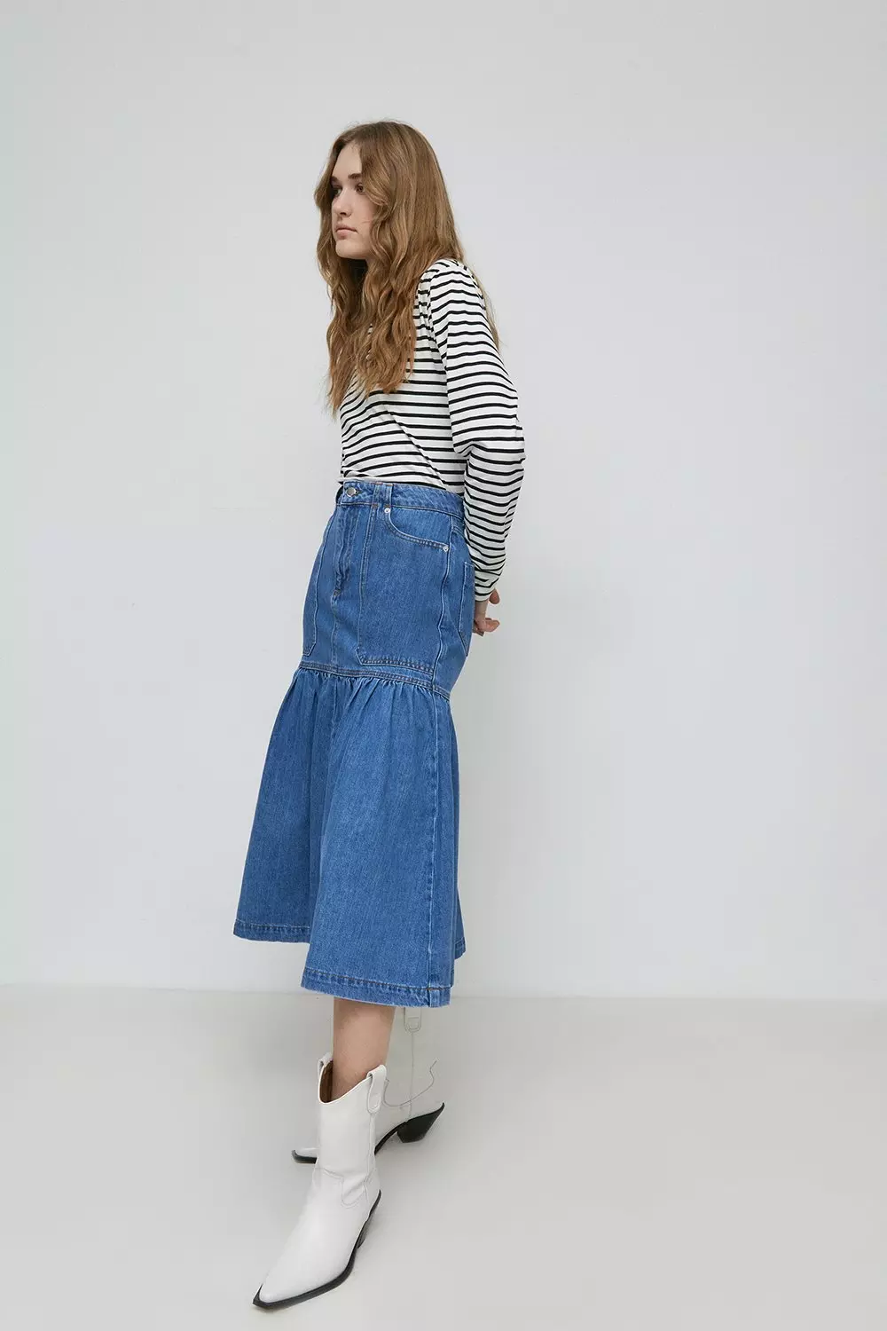 Denim Utility Gathered Seam Midi Skirt